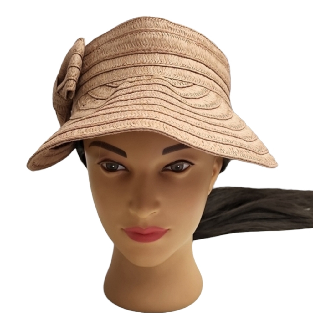 BETSEY JOHNSON Blush Mauve Paper Hat Cabow Cutie Straw Sun Visor Wide Brim - Picture 11 of 16